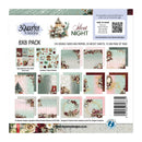 Back packaging of a 3 Quarter Designs 'Silent Night' 8x8 paper pack, showing the included 12 double-sided papers, 2 die-cut sheets, and 1 page of tags with various holiday-themed illustrations.