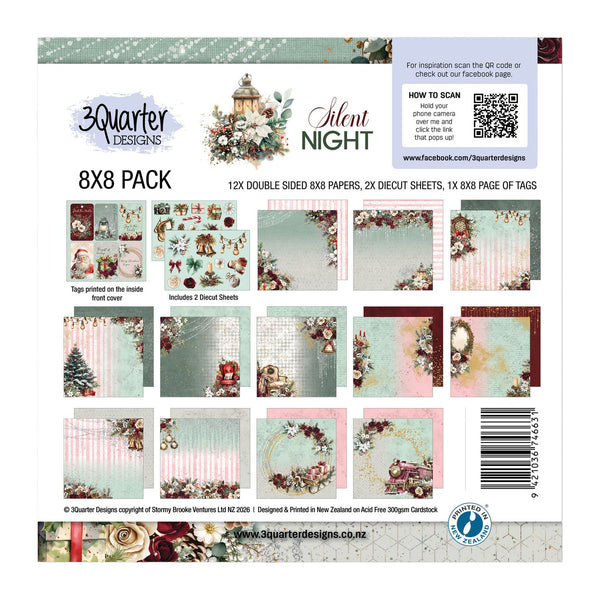 Back packaging of a 3 Quarter Designs 'Silent Night' 8x8 paper pack, showing the included 12 double-sided papers, 2 die-cut sheets, and 1 page of tags with various holiday-themed illustrations.