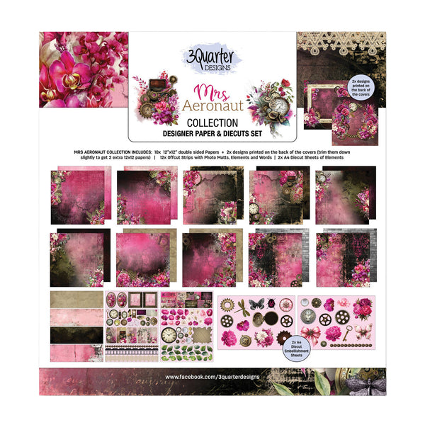 A 3 Quarter Designs 'Mrs. Aeronaut Collection' designer paper and diecuts set sheet, displaying various floral and vintage-themed paper designs and diecut elements in pink, brown, and gold tones.