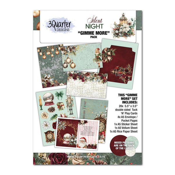 A product card for the 30Quarter Designs 'Silent Night Gimme More' craft paper pack, showing multiple sample cards, envelopes, stickers, and play cards arranged on a white background with decorative holiday illustrations.