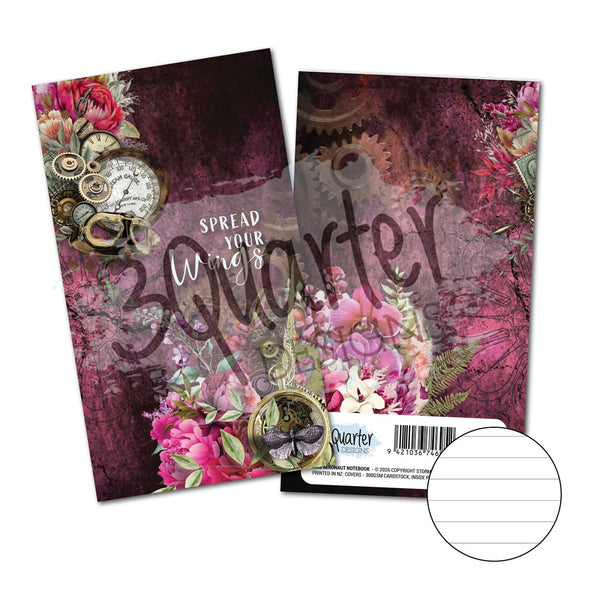Two decorative paper cards or envelopes with a vintage floral design, shown on a white background. One card displays the front with the text 'SPREAD YOUR Wings' and '3 Quarter', while the other shows the back with a barcode and a circular white lined insert.