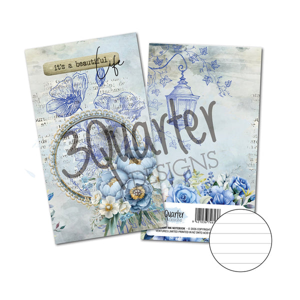 Notebook with floral design and '3 Quarter Designs' branding on a white background