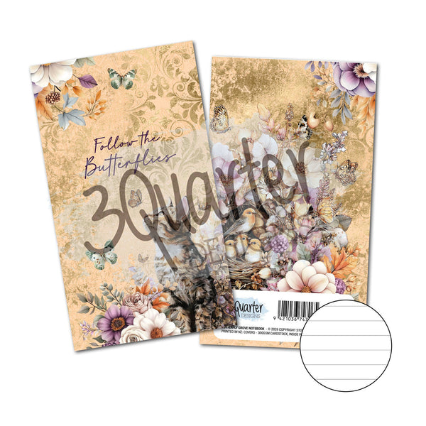 Two decorative paper cards or envelopes with a vintage butterfly and floral design, shown on a white background. One card reads 'Follow the Butterflies 3 Quarter' and the other shows a barcode and a circular inset showing lined writing space.