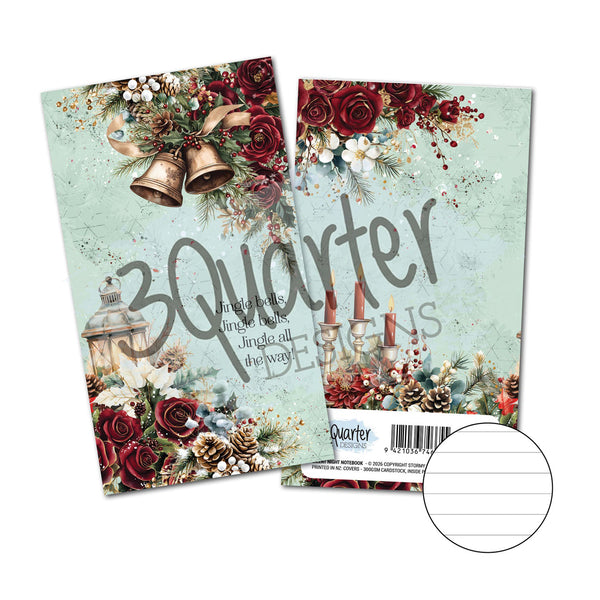 Two decorative paper cards or envelopes with a winter holiday design, shown on a white background. The design features red roses, pinecones, bells, and a lantern on a pale mint background, with large text reading '30 Quarter Designs.