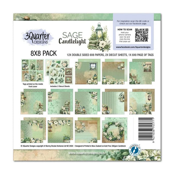 Packaging of 3Quarter Designs Sage Candlelight 8x8 paper pack with various designs and text.