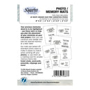 Back of a 3 Quarter Designs photo and memory mat packaging insert, showing included white acid-free cardstock pieces, dimensions, sample layouts, a barcode, and contact information.