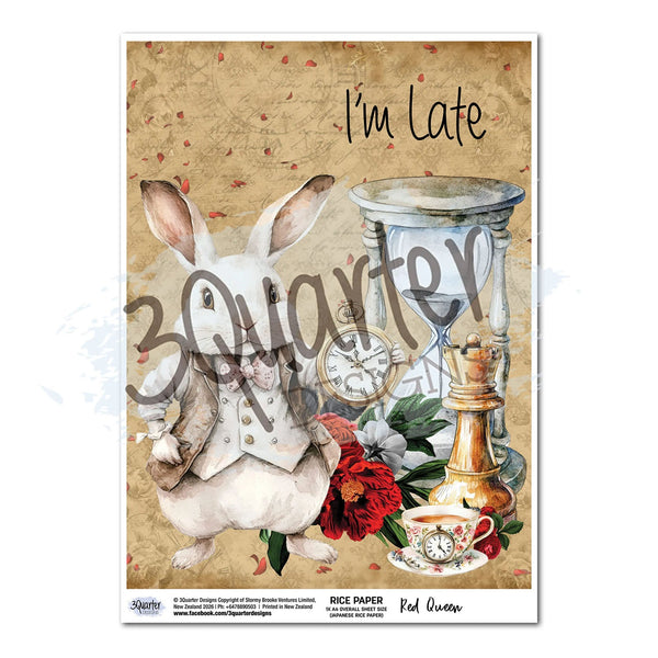 Poster with a rabbit character and text 'I'm Late 3 Quarter to Quarter' on a vintage-style background.