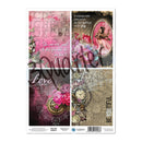 A sheet of decorative scrapbooking paper featuring a vintage collage design with pink roses, clocks, script text, and distressed backgrounds. The sheet is branded 'Yellow Sheets' and includes four quadrants with romantic, aged-paper aesthetics.