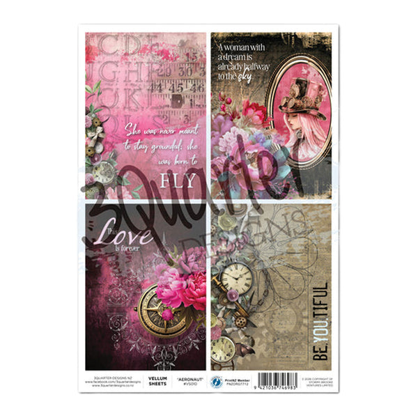 A sheet of decorative scrapbooking paper featuring a vintage collage design with pink roses, clocks, script text, and distressed backgrounds. The sheet is branded 'Yellow Sheets' and includes four quadrants with romantic, aged-paper aesthetics.