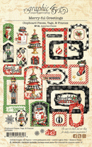 Sheet of Graphic 45 'Merry-Ful Greetings' chipboard pieces, featuring festive Christmas illustrations including snowmen, nutcrackers, ornaments, and holiday frames on a white background.