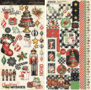 Two sheets of holiday-themed scrapbooking paper with Christmas illustrations including stockings, nutcrackers, ornaments, candy canes, snowman, stars, plaid patterns, and festive text on a white background.
