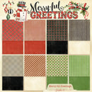 A holiday-themed digital paper pack preview titled 'Merry-ful Greetings' with a snowman, ornaments, holly, and a grid of patterned paper swatches in red, green, black, beige, and striped designs.