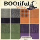A digital graphic sheet titled 'BOOTiful Greetings' showing a 2x4 grid of Halloween-themed pattern swatches: black-and-white stripes, black-and-white floral, black-and-orange gingham, black-and-orange polka dots, solid black, solid orange, sage green patterns, olive green patterns, dark purple stripes, and dark purple floral. A witch hat illustration appears near the top right.