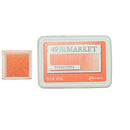 A Ranger 49 and Market Terracotta dye ink pad shown with its white plastic casing and a separate square sample of the orange-terracotta ink on the left, against a plain white background.