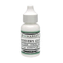 A 1 fl oz bottle of 49th & Market Archiver's Glue, clear strong hot glue, with a white cap and a white label featuring green accents, on a white background.