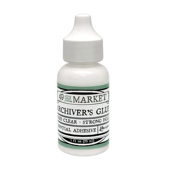 A 1 fl oz bottle of 49th & Market Archiver's Glue, clear strong hot glue, with a white cap and a white label featuring green accents, on a white background.