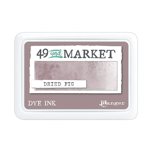 A Ranger 49 and MARKET Dried Fig dye ink pad in a white rectangular plastic case with a dusty mauve label and white border, shown on a plain white background.