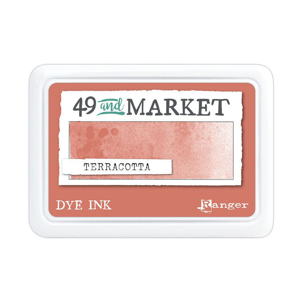 A Ranger 49 and MARKET Terracotta dye ink pad in a white rectangular plastic case with a terracotta-colored label.