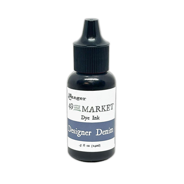 A bottle of Ranger 49 Color Market Designer Denim dye ink, featuring a black bottle, black dropper cap, and a white label with a blue-gray accent band.