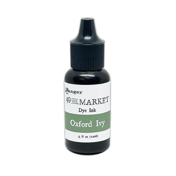A bottle of Ranger 49 and Market Dye Ink in the shade Oxford Ivy, featuring a black bottle, black cap, and a white label with a green band.
