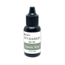 A bottle of Ranger 49 and Market Dye Ink in the shade Spanish Moss, featuring a black bottle, black dropper cap, and a white label with a muted green band.