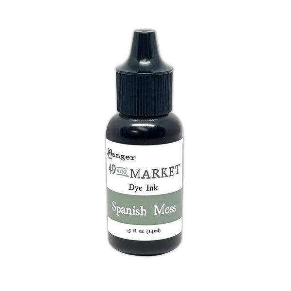 A bottle of Ranger 49 and Market Dye Ink in the shade Spanish Moss, featuring a black bottle, black dropper cap, and a white label with a muted green band.