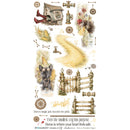 A sheet of decorative stickers or decals featuring whimsical autumn and woodland illustrations, including a birdhouse, pathway, fence, dog, flowers, gears, and text phrases on a white background.