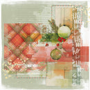 A festive holiday scrapbook paper or collage design featuring red and orange plaid patterns, green ornaments, pine branches, red berries, and distressed text reading 'ho ho ho' on a muted sage background.