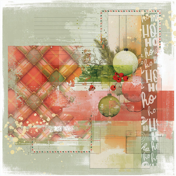 A festive holiday scrapbook paper or collage design featuring red and orange plaid patterns, green ornaments, pine branches, red berries, and distressed text reading 'ho ho ho' on a muted sage background.