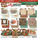 A 12 x 12 collection pack of holiday scrapbook papers and embellishments from Dennis Borton's 49th Street Market Jolly Jingles collection, featuring various patterned sheets, frames, and a large festive collage of Santa Claus, gifts, and Christmas scenes.