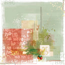 A square scrapbook or collage-style paper design with a muted holiday theme. The background is a pale sage green with layered beige and rust sections, handwritten 'ho ho ho' text, a large '25' in gold, green pine branches, and small red and green ornaments.