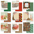 A collage of multiple scrapbook paper sheets with Christmas-themed designs, including holiday architecture, plaid patterns, colorful ornaments, rustic textures, and festive text elements.