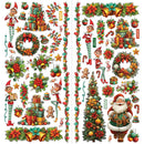 A sheet of Christmas-themed decorative stickers or decals featuring elves, Santa Claus, wreaths, ornaments, gifts, candy canes, pinecones, bells, and garlands on a white background.