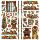 A Christmas-themed decorative sheet featuring multiple illustrated holiday motifs including Santa Claus, reindeer, a Christmas tree, sleigh, ornaments, wreaths, bells, stars, candy canes, houses, and garlands on a white background.