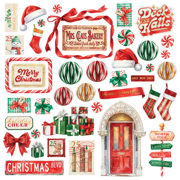 A Christmas-themed collage of vintage watercolor illustrations, including stockings, candy canes, ornaments, wrapped gifts, signs, a red Santa hat, a red door, and holiday text such as 'Merry Christmas' and 'Deck the Halls'.