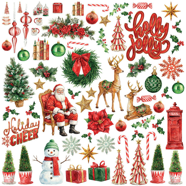 A festive Christmas-themed collage on a white background featuring ornaments, wreaths, candy canes, snowflakes, reindeer, a snowman, gift boxes, trees, and holiday text including 'holly jolly' and 'Holiday cheer'.
