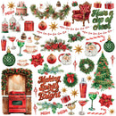 A festive Christmas-themed collage of illustrated objects and decorations on a white background, including ornaments, wreaths, candy canes, gifts, drinks, a red armchair, a Christmas tree, and decorative text such as 'Have a cup of cheer' and 'Making Spirits Bright.'.