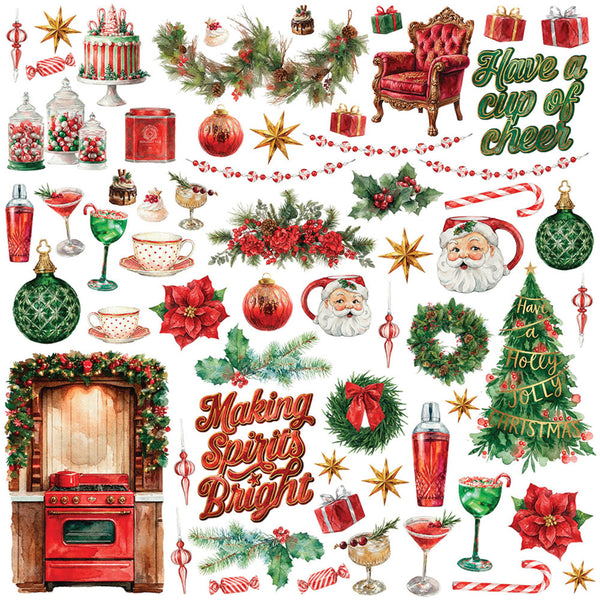 A festive Christmas-themed collage of illustrated objects and decorations on a white background, including ornaments, wreaths, candy canes, gifts, drinks, a red armchair, a Christmas tree, and decorative text such as 'Have a cup of cheer' and 'Making Spirits Bright.'.