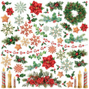 A festive Christmas-themed collage of watercolor illustrations on a white background, including red poinsettias, holly leaves, snowflakes, wreaths, candles, stars, and floral garlands.