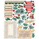 A Christmas-themed decorative sticker or scrapbook sheet featuring holly branches, red hearts, red ribbons with holiday phrases, gold script text reading 'Comfort Joy &', a small mouse illustration, vintage-style label boxes, a lace frame, and an aged paper insert on a white background.