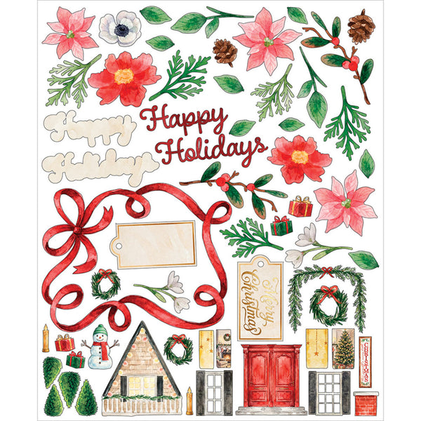 A sheet of watercolor Christmas-themed stickers or decals on a white background, featuring red bows, poinsettias, holly, gift boxes, a house, a red door, and the words 'Happy Holidays' in script.