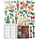 A sheet of Christmas-themed decorative stickers or decals featuring gold script reading 'Merry & Bright' and 'Deck the Halls', poinsettias, holly, nutcrackers, evergreen trees, a red bow, a vintage cabinet, a window, and black lanterns on a white background.