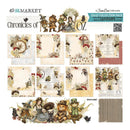 A collage showing multiple vintage-style scrapbook paper sheets and decorative elements from the 'Chronicles of Oz' 12x12 collection pack by Cherrie's Barn Collection, including illustrated characters, text panels, patterns, and a box sheet on a white background.