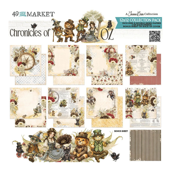A collage showing multiple vintage-style scrapbook paper sheets and decorative elements from the 'Chronicles of Oz' 12x12 collection pack by Cherrie's Barn Collection, including illustrated characters, text panels, patterns, and a box sheet on a white background.