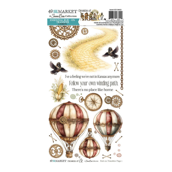 A sheet of clear stamp transfers from 49ILMARKET's Organics of Kansas Dream Collection, featuring vintage hot air balloons, gears, compasses, birds, and a winding yellow path with the quote 'Follow your own winding path.'.