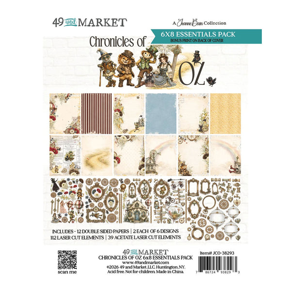 49 and Market Chronicles of Oz 6x8 Essentials Pack scrapbooking paper and laser cut element package, featuring various themed papers and decorative elements.