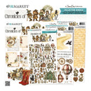 A collage of multiple scrapbook paper sheets and sticker sheets from 49th & Market's 'Chronicles of Oz' collection bundle, featuring vintage illustrations, hot air balloons, a red boot, a yellow winding path, and small character stickers.