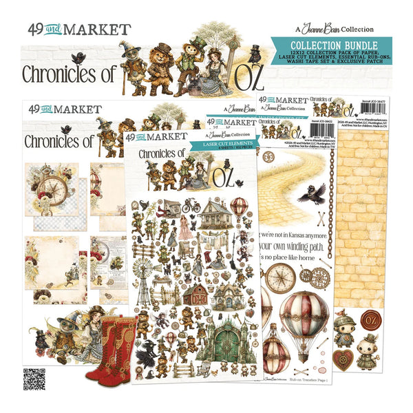 A collage of multiple scrapbook paper sheets and sticker sheets from 49th & Market's 'Chronicles of Oz' collection bundle, featuring vintage illustrations, hot air balloons, a red boot, a yellow winding path, and small character stickers.