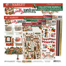 49 Market 'Jolly Jingles' collection bundle scrapbook paper pack, featuring a 12-pack of laser-cut and stamped holiday-themed papers with festive illustrations, patterns, and decorative elements.