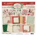 Santa's Winter Village scrapbook paper kit by 49th & The Market, featuring a collection of holiday-themed patterned cardstock sheets, stickers, and design templates on a cream background.